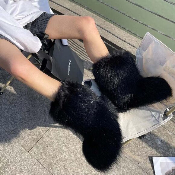 ⚡Women's Black Faux Fur Warm Boot Furry Short Snow Boot Mid Calf Boots - Picture 5 of 7